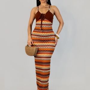 Brown Patterned Tie-Front Maxi Dress